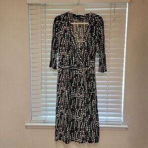 Bisou Bisou Wrap Dress Size 14 Black Green White 3/4 Sleeves Lightweight Career